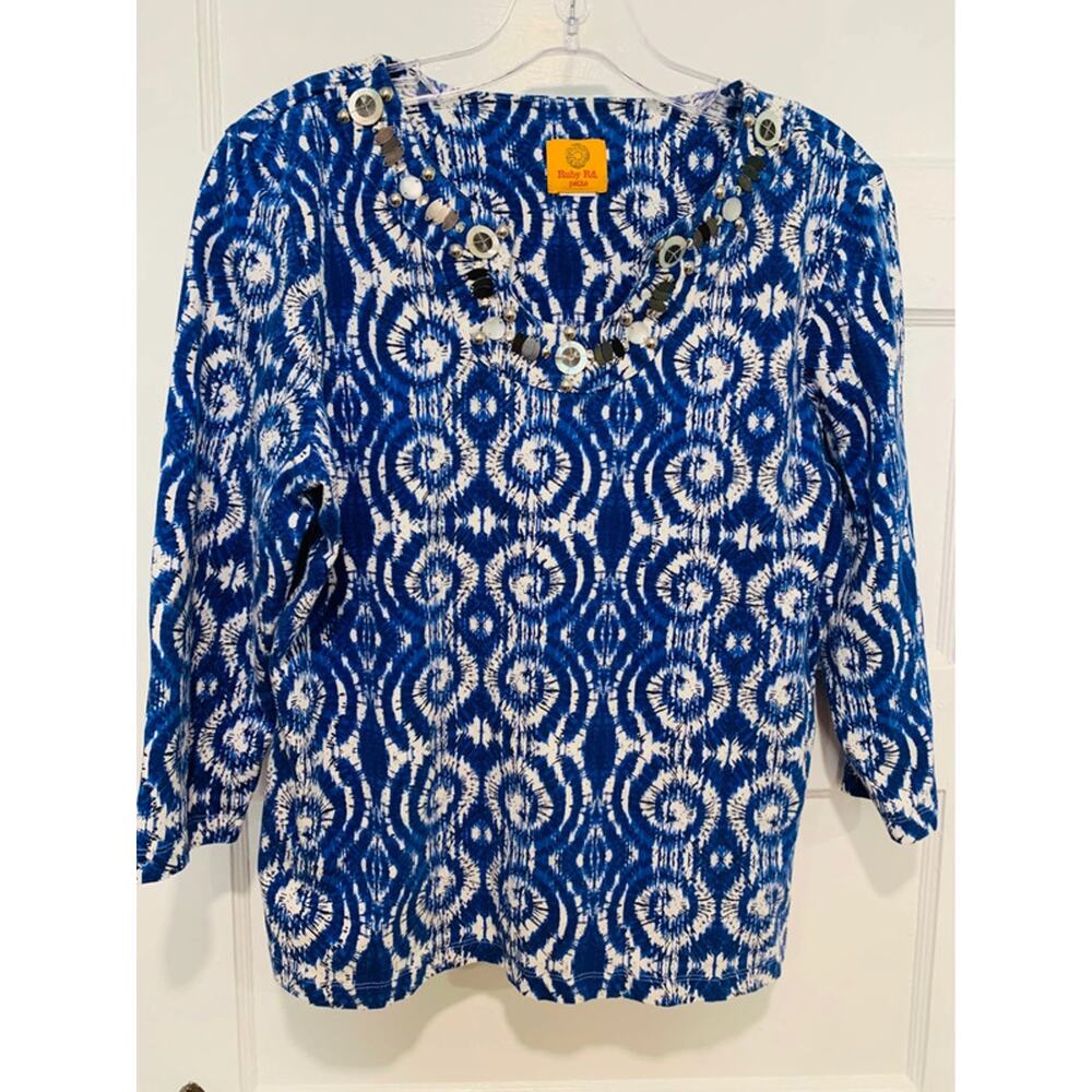 Ruby Rd. Blue & White Patterned Tunic With Beaded Collar Size Medium 3/4 Sleeve